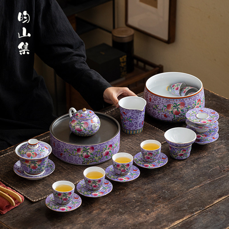 珐琅彩扒花寿桃功夫茶具套装家用客厅轻奢高档茶壶盖碗整套礼盒装