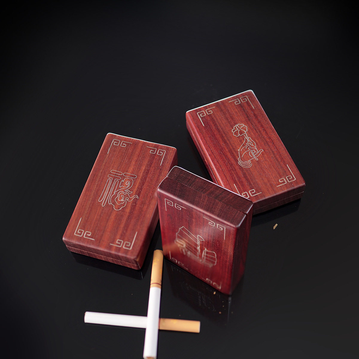 嵌银丝血檀木烟盒木质十支装手工整木挖空随身便携实木创意