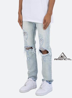 Mnml FOG风格浅蓝四季百搭大破洞直筒宽松无弹性休闲牛仔裤男新品