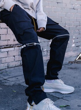Mnml 黑色拉链口袋工装裤男FOG风格四季宽松休闲松紧腰长裤新品