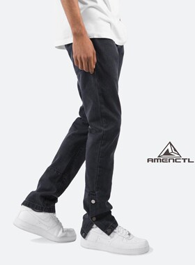 Mnml 水洗黑灰色侧边钮扣排扣弹性直筒宽松牛仔裤常规四季男现货