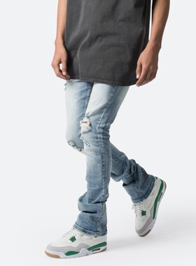 Mnml 水洗蓝色泼墨破洞长裤四季弹性修身小脚紧身牛仔裤男新品