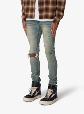 Mnml 复古蓝色水洗做旧弹性修身小脚磨损破洞紧身牛仔裤男新品