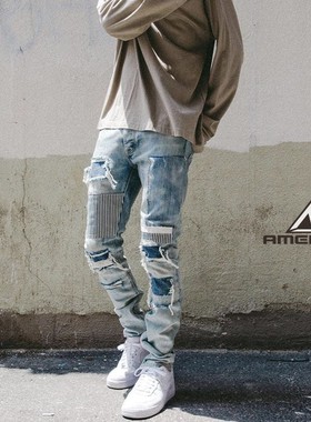 Mnml FOG风格拼布破洞蓝色侧拉链修身小脚无弹性牛仔裤男新品现货