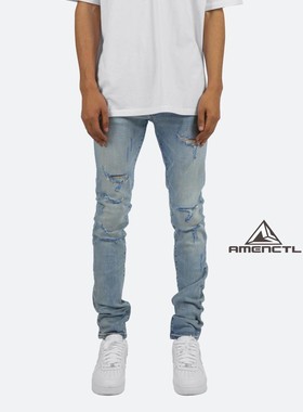 Mnml FOG风格水洗蓝色刀割破洞紧身款弹性休闲潮流牛仔裤男新品