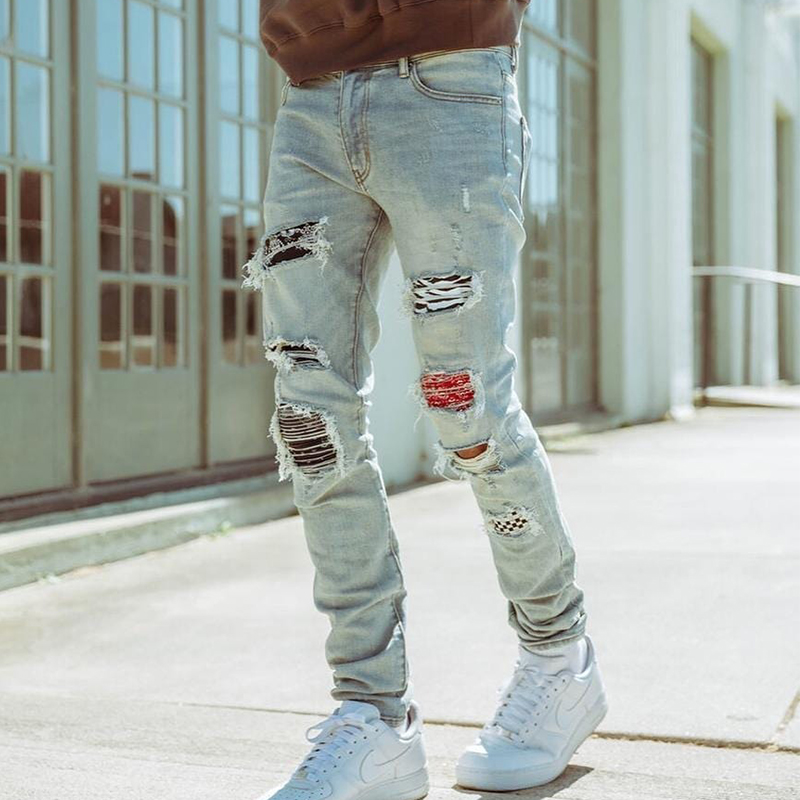 牛仔裤mnml拉链拼布破洞四季