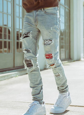 Mnml FOG风格机车腰果花拼布破洞紧身弹力强四季休闲牛仔裤男新品