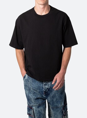 mnml 黑色复古纯棉宽松圆领高街夏季偏短款休闲短袖T恤男新品boxy