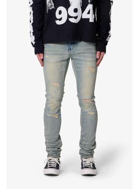 Mnml 蓝色长裤水洗做旧弹性修身小脚猫须纹砂磨紧身牛仔裤男新品