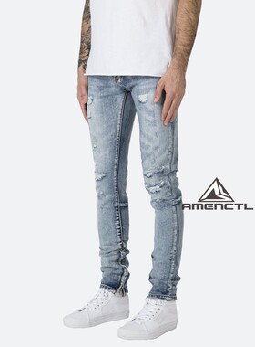 Mnml FOG风格无弹性修身小脚拉链破坏假破洞休闲牛仔裤男新品现货