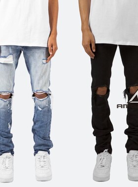 Mnml 黑色蓝色经典款破洞破坏修身小腳无拉链牛仔裤男现货FOG风格