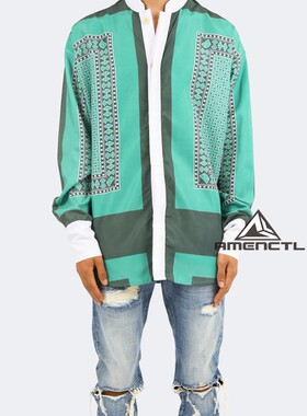 Mnml Kanye侃爷綠色腰果花几何印花图宽松休闲流行薄款长袖村衫男