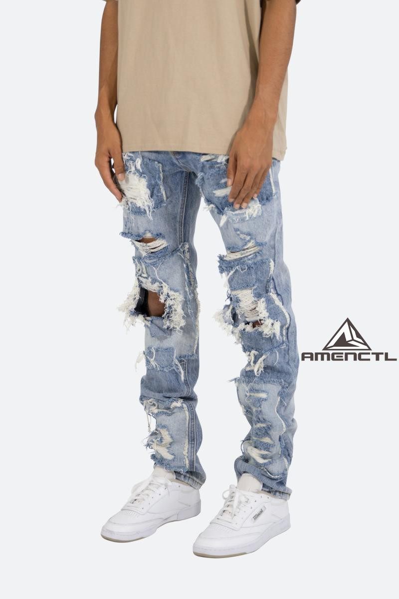 Mnml 水洗蓝破坏破洞直筒牛仔裤男水洗常规四季FOG高街宽松长裤男
