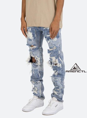 Mnml 水洗蓝破坏破洞直筒牛仔裤男水洗常规四季FOG高街宽松长裤男