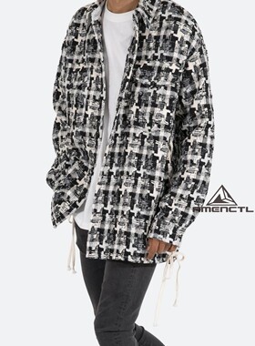 Mnml 黑白复古格子长袖衬衫宽松FOG风格编织毛边休闲外套男新品