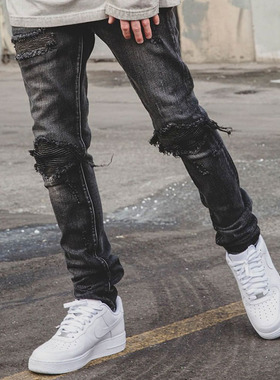 Mnml FOG风格水洗黑色假破洞破坏机车补丁紧身弹性牛仔裤男款新品