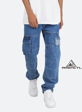 Mnml FOG风格深藍色直筒宽松阔腿四季破洞中腰休闲工装裤牛仔裤男