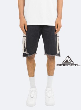 Mnml 黑色破坏侧拼布绣花百搭夏季宽松休闲膝盖牛仔短裤男现货