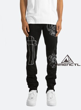 Mnml 黑色绘画印花无弹性修身款休闲牛仔裤男现货FOG风格