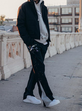 Mnml 喇叭卫裤男水洗黑色纯棉四季FOG风格偏侧边拼布松紧腰裤新品