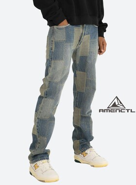 Mnml 做旧复古蓝色阔腿牛仔裤男水洗四季车线宽松直筒长裤新品