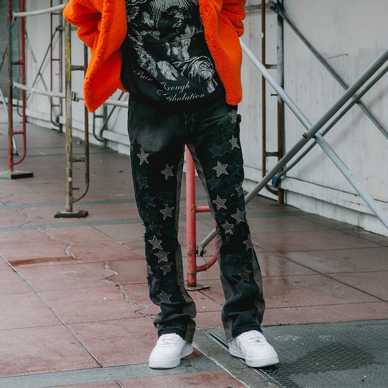 mnml鈕扣星星拼布四季喇叭牛仔裤