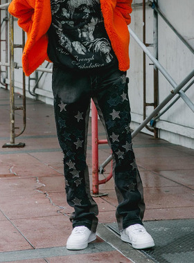 Mnml 黑色水洗做旧星星拼布四季宽松复古喇叭牛仔裤男新品FOG风格