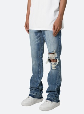 Mnml 蓝色复古水洗四季宽松流行高街潮流破洞喇叭牛仔裤男新品