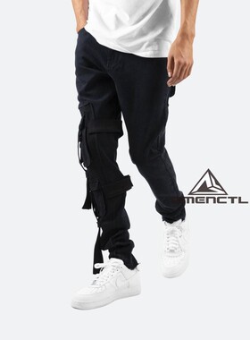 Mnml 拼贴侧袋黑色水洗直筒流苏休闲青春流行工装牛仔裤男现货