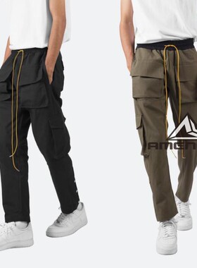 Mnml 黑色绿色侧边钮扣松紧宽松直筒排扣薄款休闲工装裤男FOG风格