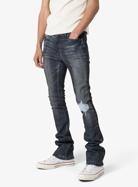 Mnml 做旧蓝色水洗破洞长裤四季弹性喇叭小脚紧身牛仔裤男新品