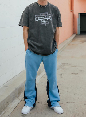 Mnml 浅蓝色喇叭卫裤男水洗纯棉四季薄款侧边拼布宽松休闲裤新品