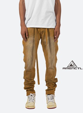 Mnml 棕色水洗做旧侧拉链飘带修身小脚耐磨工装裤男现货FOG风格