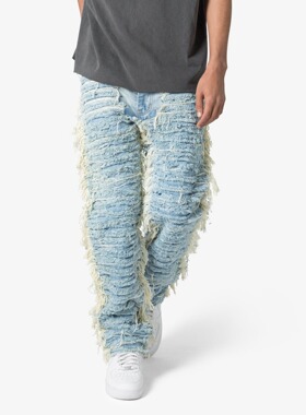 Mnml 浅蓝色水洗复古四季宽松直脚流行高街流苏阔腿牛仔裤男新品