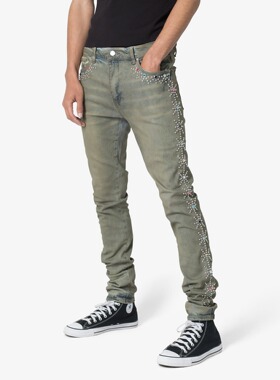 Mnml 铆钉侧边蓝色流行长裤四季弹性修身小脚紧身牛仔裤男新品