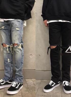 Mnml FOG风格破坏破洞侧拉链流行百搭修身小脚蓝色牛仔裤男现货