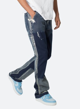 Mnml 泼墨做旧深蓝色复古四季宽松流行高街潮流修身喇叭牛仔裤男