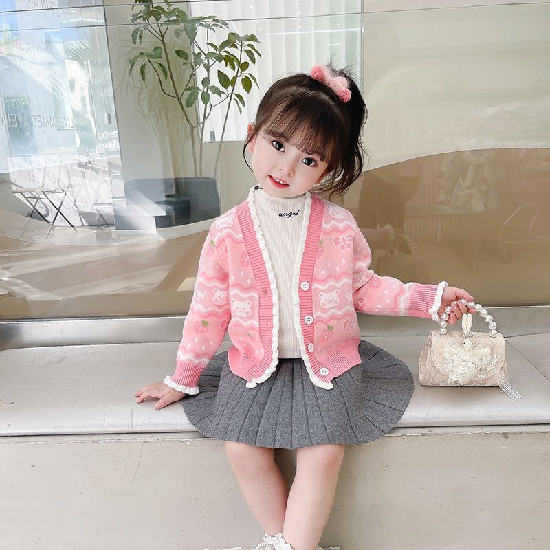 儿童春秋季纽扣开衫外套韩版洋气女童长袖针织毛衣外穿百搭潮