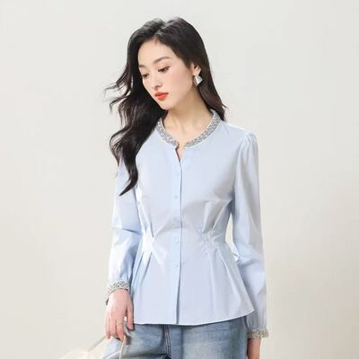 【悟空粉丝专享】C454重工钉珠法式褶皱收腰设计感衬衫上衣