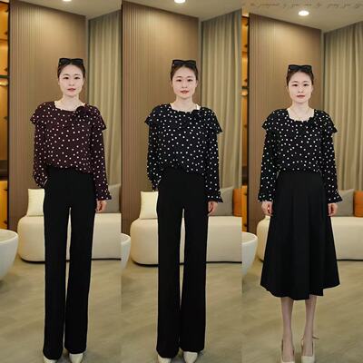 【米粒严选】C464气质优雅立体花朵波点长袖衬衫荷叶边上衣