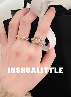 菱格水钻字母戒指三件套女士