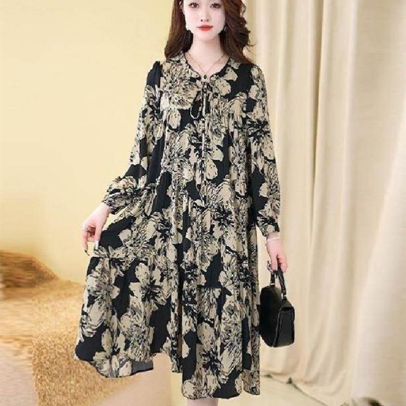 时尚大码印花连衣裙春秋季显瘦新款2025宽松气质洋气中长款裙子