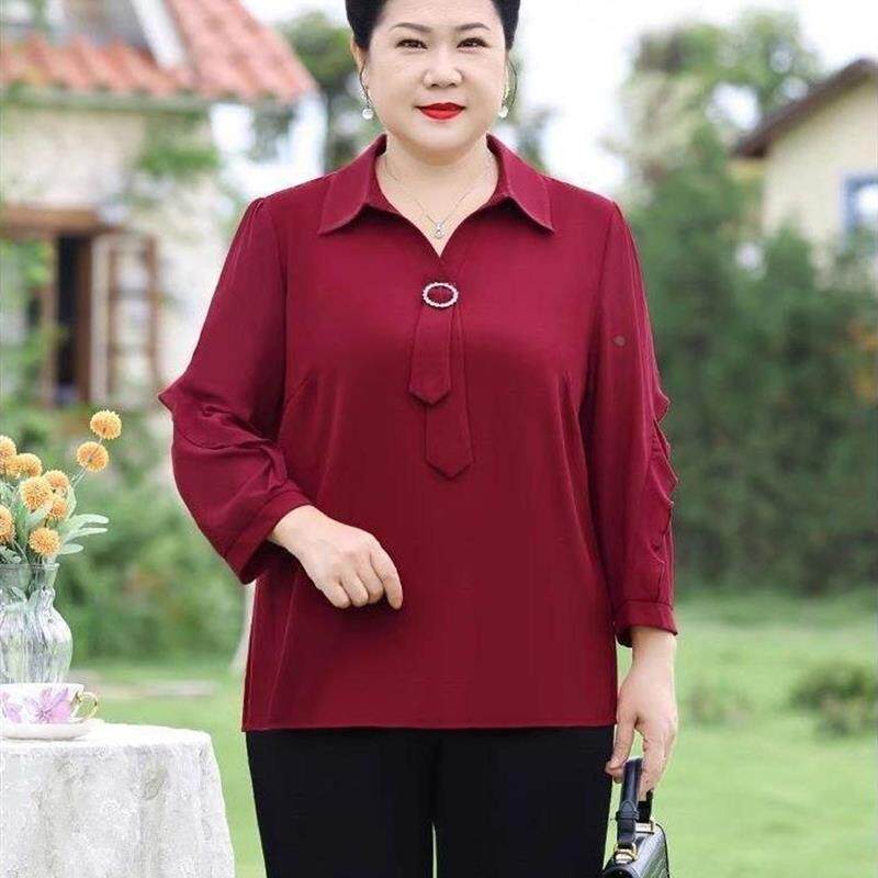 胖妈妈加肥加大雪纺红色衬衣富贵中老年大码女装套装