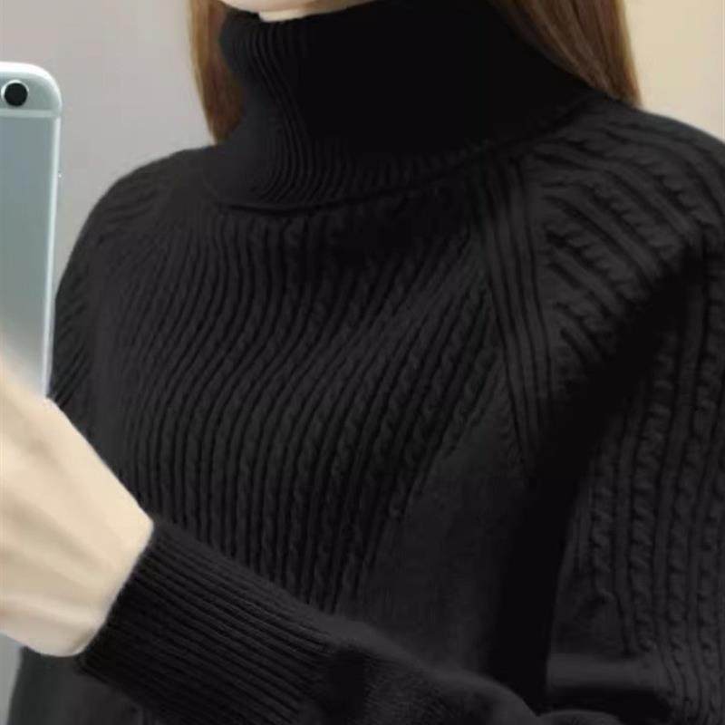 女士高领毛衣女秋冬款麻花宽松纯色套头打底衫针织衫女内搭潮时尚