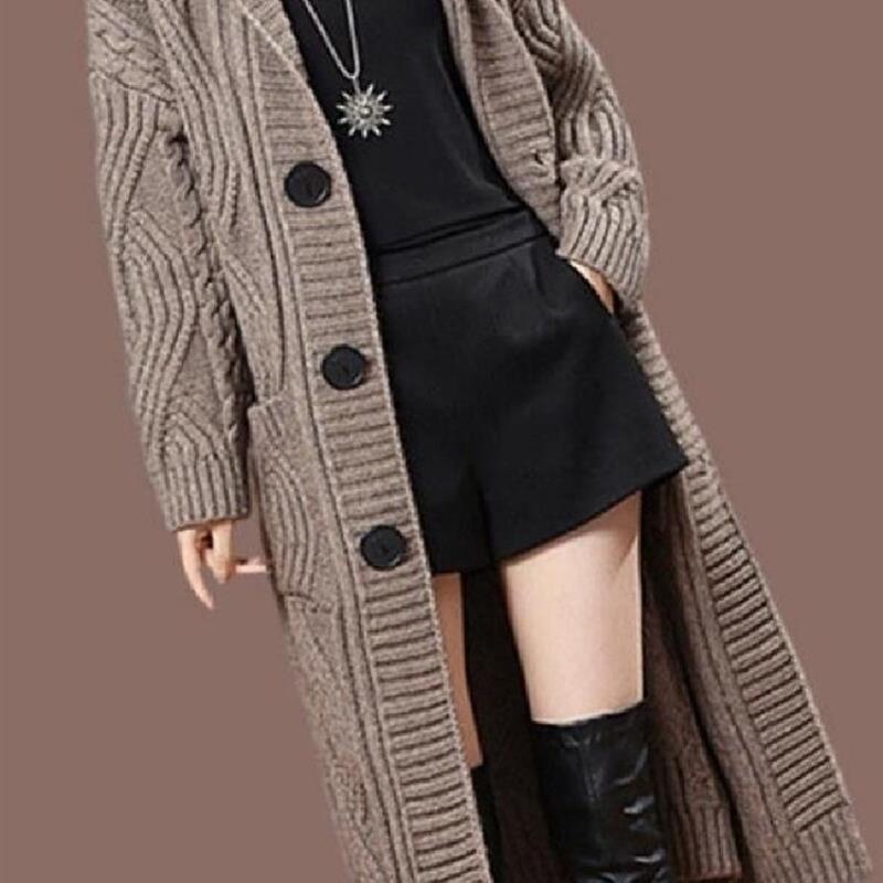 时尚中长款针织开衫加厚粗毛衣外套纯色宽松过膝秋冬大码连帽女装