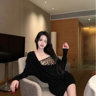 豹纹亮片亮闪闪抹胸背心美式个性辣妹黑色荡领长袖连衣裙两件套