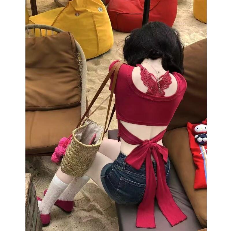 纯欲辣妹性感缕空露背绑带蝴蝶结短袖T恤女韩系纽扣露腰短款上衣