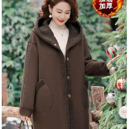 秋冬季妈妈装双面穿大衣加绒棉服中老年女装中长款连帽毛呢外套女