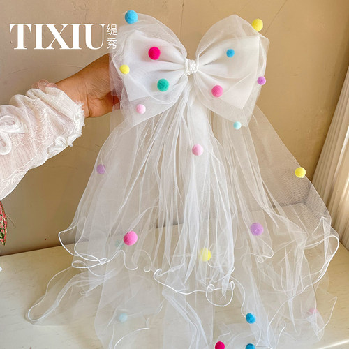 缇秀新款彩色毛球蝴蝶结发夹