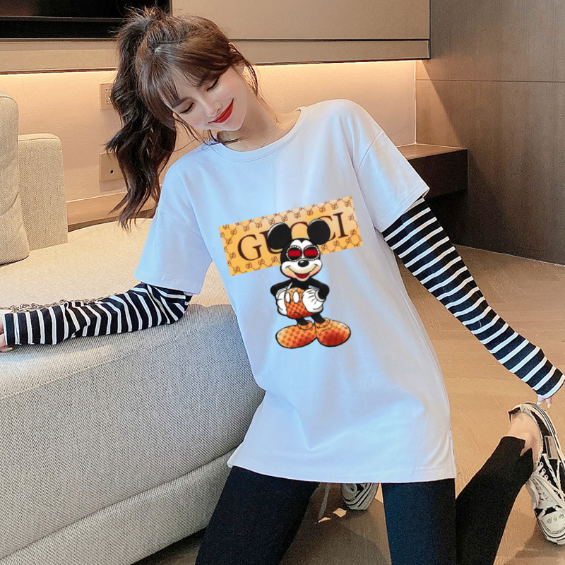 Early spring new long sleeve T-shirt women's fashion brand Mickey foreign style stitching sleeve body two-piece top